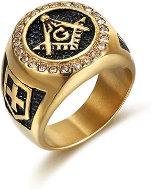 Bling Masonic Symbol Ring, Rhinestone Freemason Ring for Men, Gold Master Mason Ring Iced Out Freemason Jewelry, Shield Cross Masonic Ring Punk Masonic Compass Ring for mens
