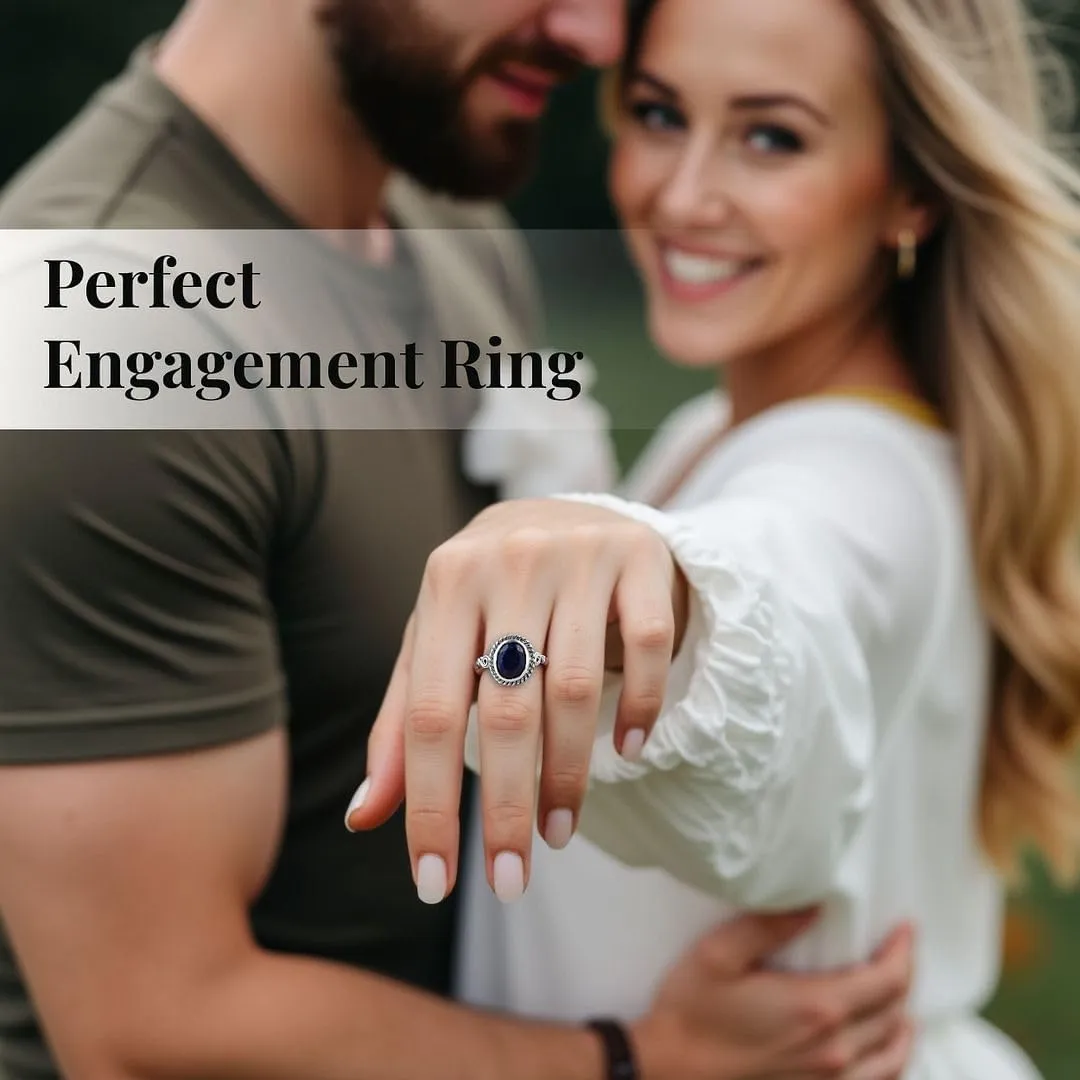 Blue Lapis Lazuli Ring - Birthstone Rings for Women in Stainless Steel - Statement Promise Gemstone Jewelry Birthday Gifts for Her