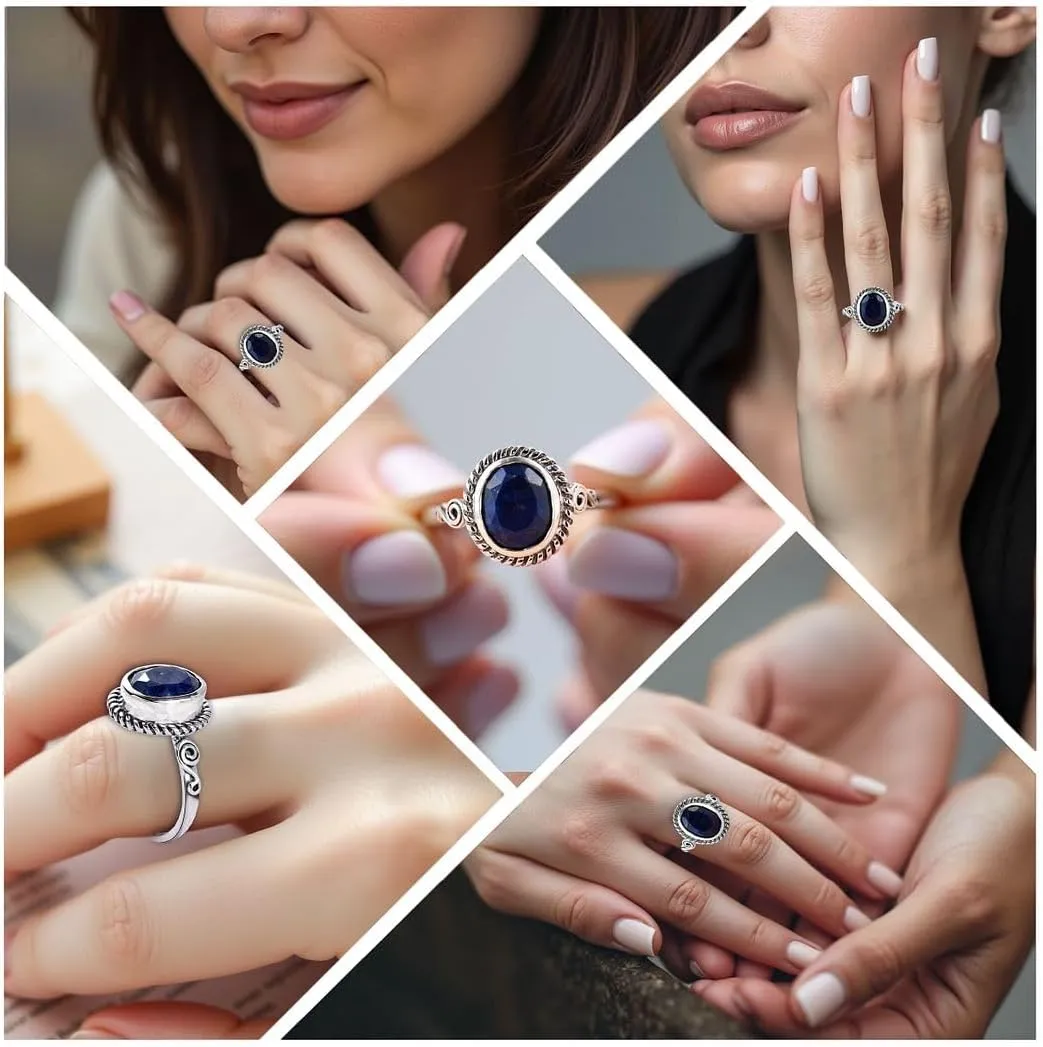 Blue Lapis Lazuli Ring - Birthstone Rings for Women in Stainless Steel - Statement Promise Gemstone Jewelry Birthday Gifts for Her