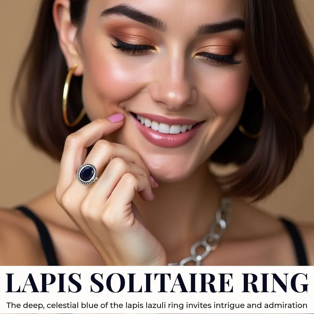 Blue Lapis Lazuli Ring - Birthstone Rings for Women in Stainless Steel - Statement Promise Gemstone Jewelry Birthday Gifts for Her
