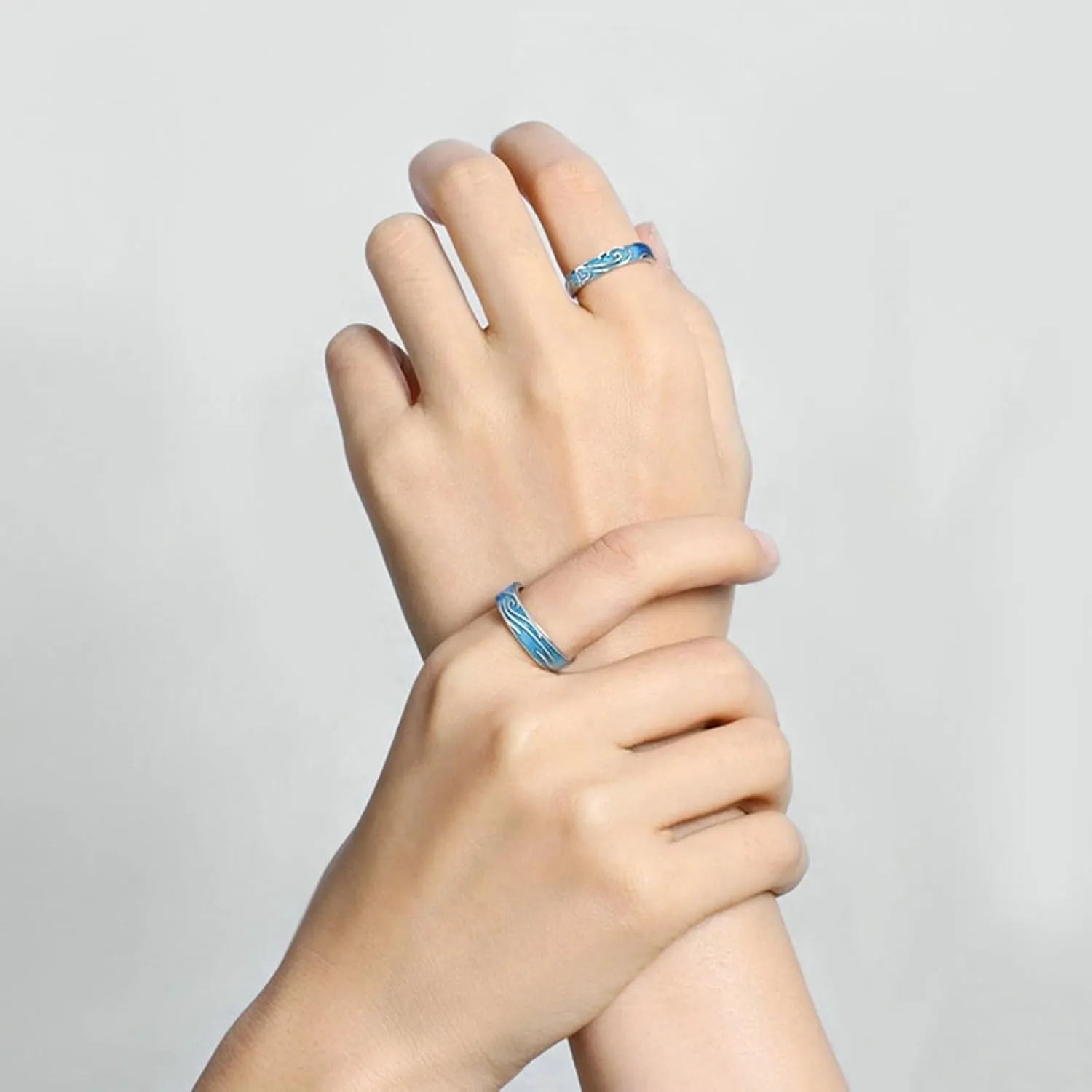 Blue Wedding Band, 925 Sterling Silver Rings with Blue Sea Wave Couple Adjustable Band Jewelry Gift