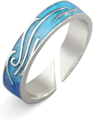 Blue Wedding Band, 925 Sterling Silver Rings with Blue Sea Wave Couple Adjustable Band Jewelry Gift