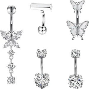 BLZ 14G Stainless Steel Belly Button Rings Dangle Navel Rings for Women 5pcs Belly Piercing CZ Inlaid