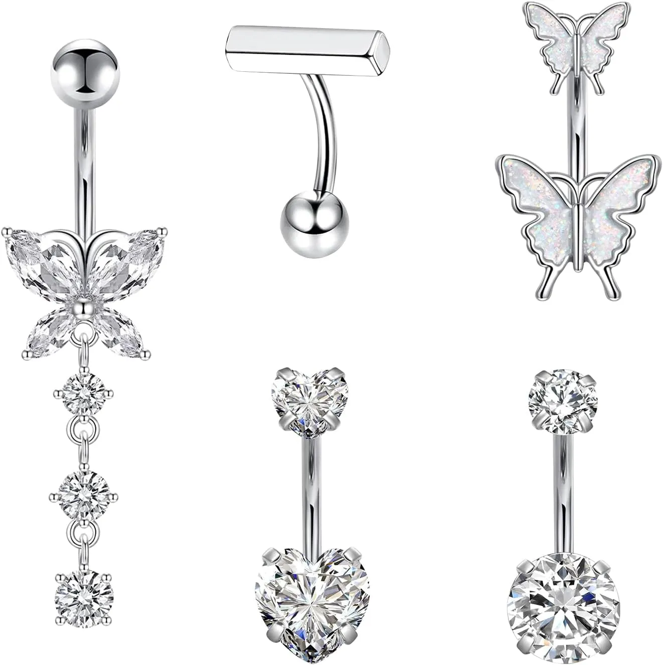 BLZ 14G Stainless Steel Belly Button Rings Dangle Navel Rings for Women 5pcs Belly Piercing CZ Inlaid