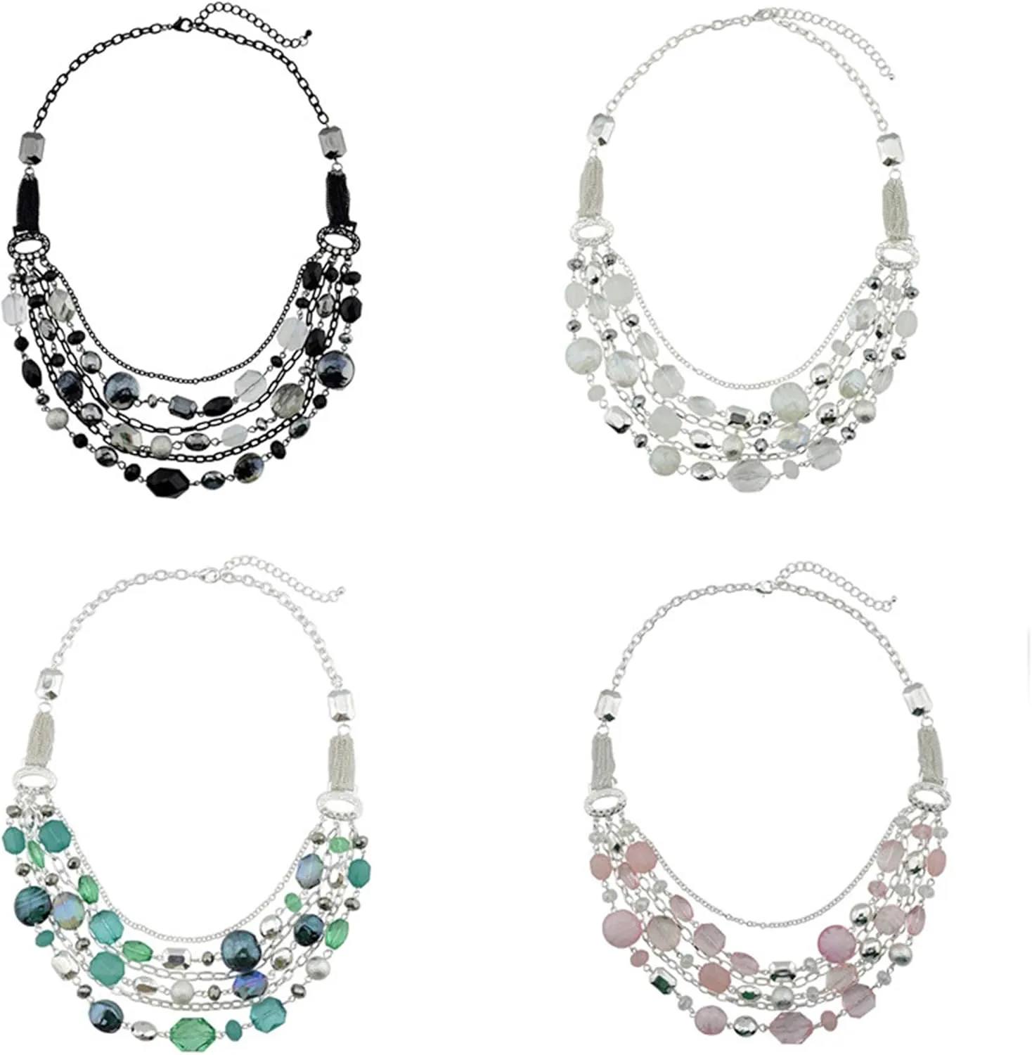 Bocar 4 PCS Multi Layer Chain Crystal Colored Glaze Statement Women Strand Necklace (NK-10061-1 set)