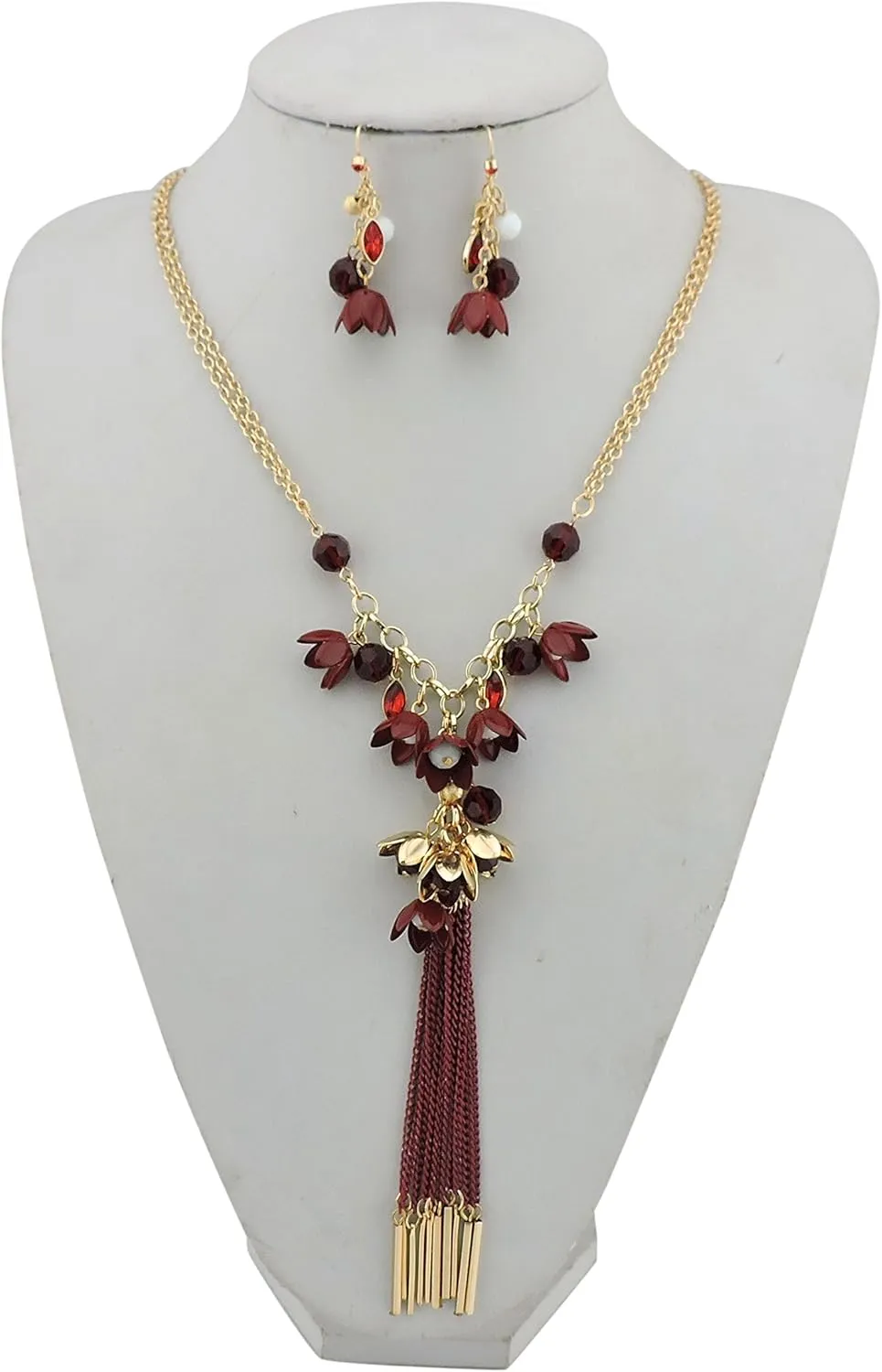 Bocar Long 2 Layer Chain Unique Flower Pendant Tassels Necklace Earrings Women Jewelry Set