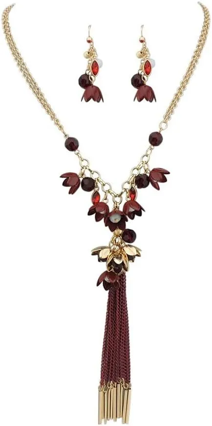 Bocar Long 2 Layer Chain Unique Flower Pendant Tassels Necklace Earrings Women Jewelry Set