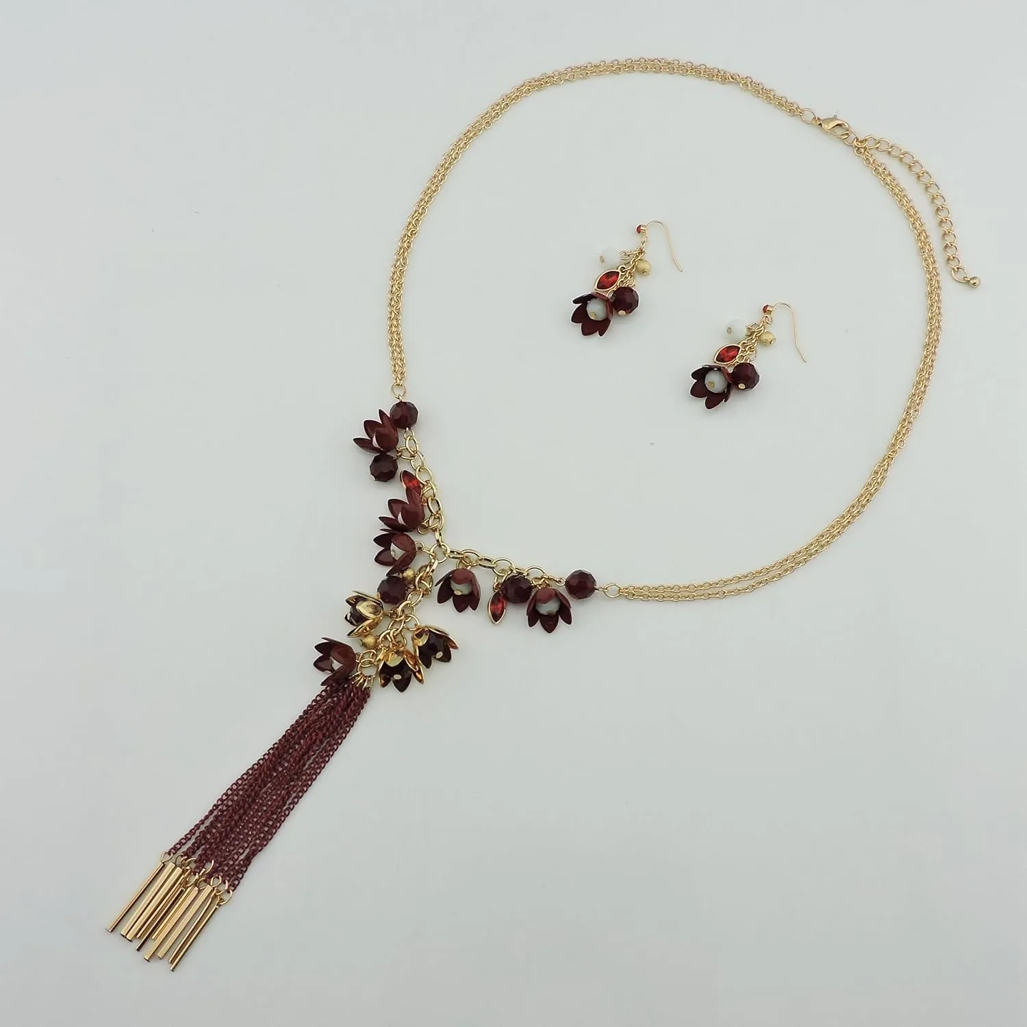 Bocar Long 2 Layer Chain Unique Flower Pendant Tassels Necklace Earrings Women Jewelry Set