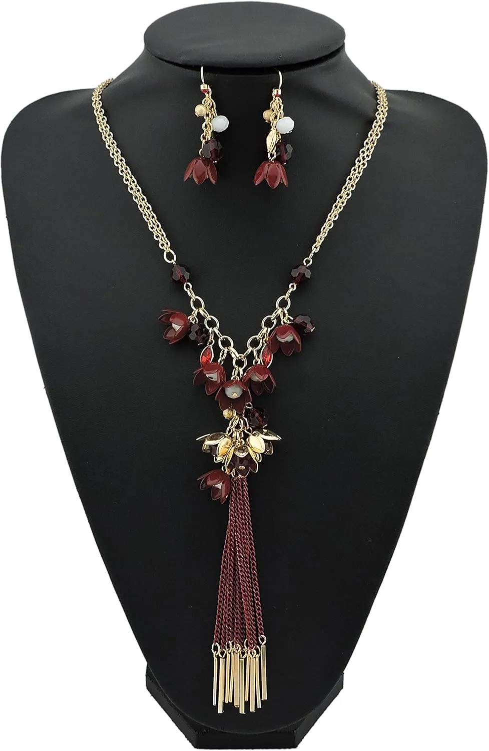 Bocar Long 2 Layer Chain Unique Flower Pendant Tassels Necklace Earrings Women Jewelry Set