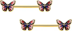 Body Candy 14G Womens Nipplerings Piercing Steel Bright 2Pc Butterfly Pink Blue Nipple Ring Set 5/8"
