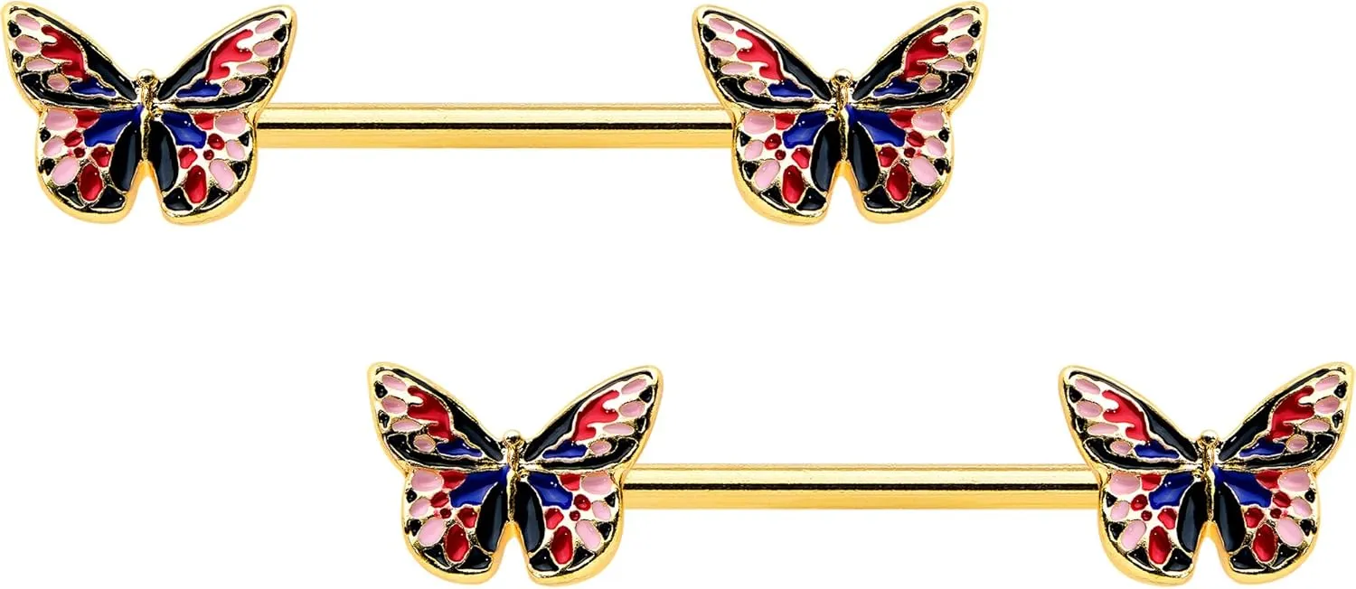Body Candy 14G Womens Nipplerings Piercing Steel Bright 2Pc Butterfly Pink Blue Nipple Ring Set 5/8"