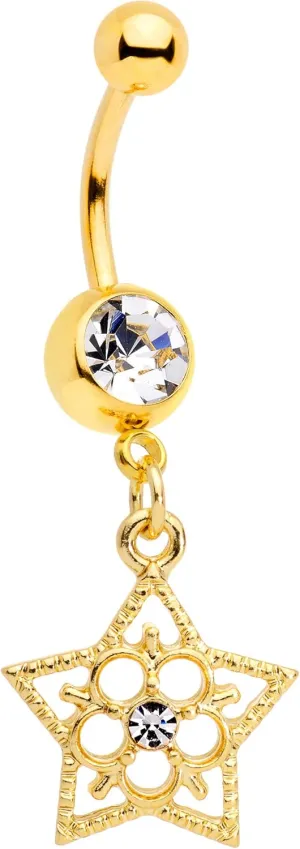 Body Candy Plated Steel Navel Ring Piercing Clear Accent Bright Star Flower Dangle Belly Button Ring