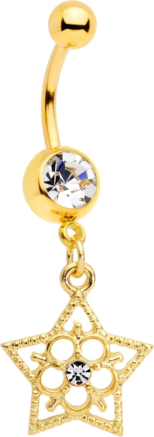 Body Candy Plated Steel Navel Ring Piercing Clear Accent Bright Star Flower Dangle Belly Button Ring