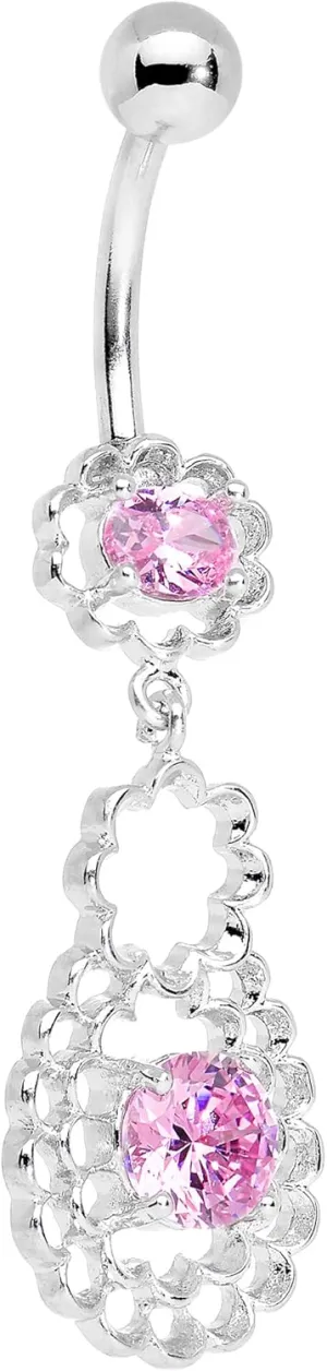 Body Candy Stainless Steel Pink Accent Quatrefoil Layered Flowing Flower Form Dangle Belly Ring