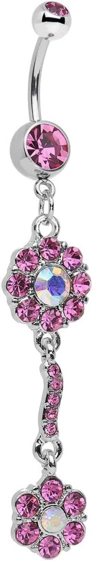 Body Candy Stainless Steel Pink and Aurora Double Flower Dangle Belly Ring