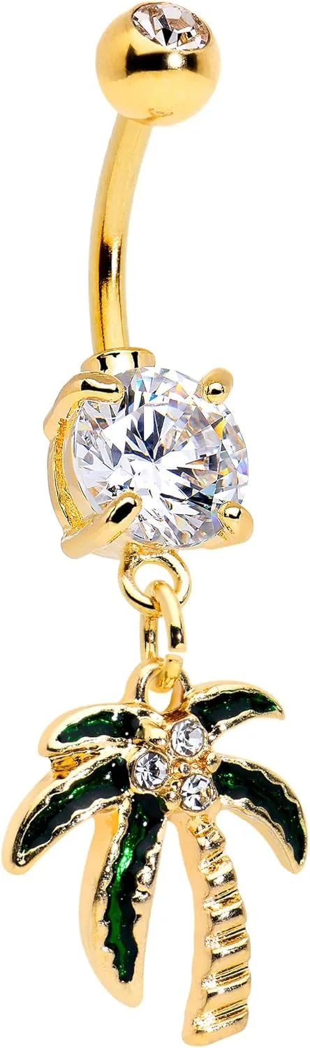 Body Candy Womens 14G 316L Surgical Steel Bright Navel Ring Piercing Palm Tree Style Dangle Belly Button Ring