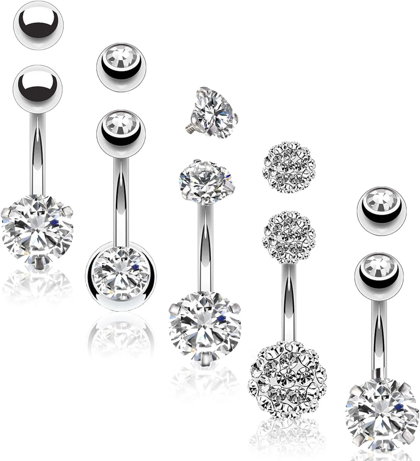 BodyJ4You 5PC Belly Button Rings Set - 14G - Multicolor Surgical Stainless Steel - Shiny CZ Crystals - Clear Pink Aqua Black - Replacement Extra Pack - Women Body Piercing Jewelry