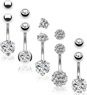 BodyJ4You 5PC Belly Button Rings Set - 14G - Multicolor Surgical Stainless Steel - Shiny CZ Crystals - Clear Pink Aqua Black - Replacement Extra Pack - Women Body Piercing Jewelry