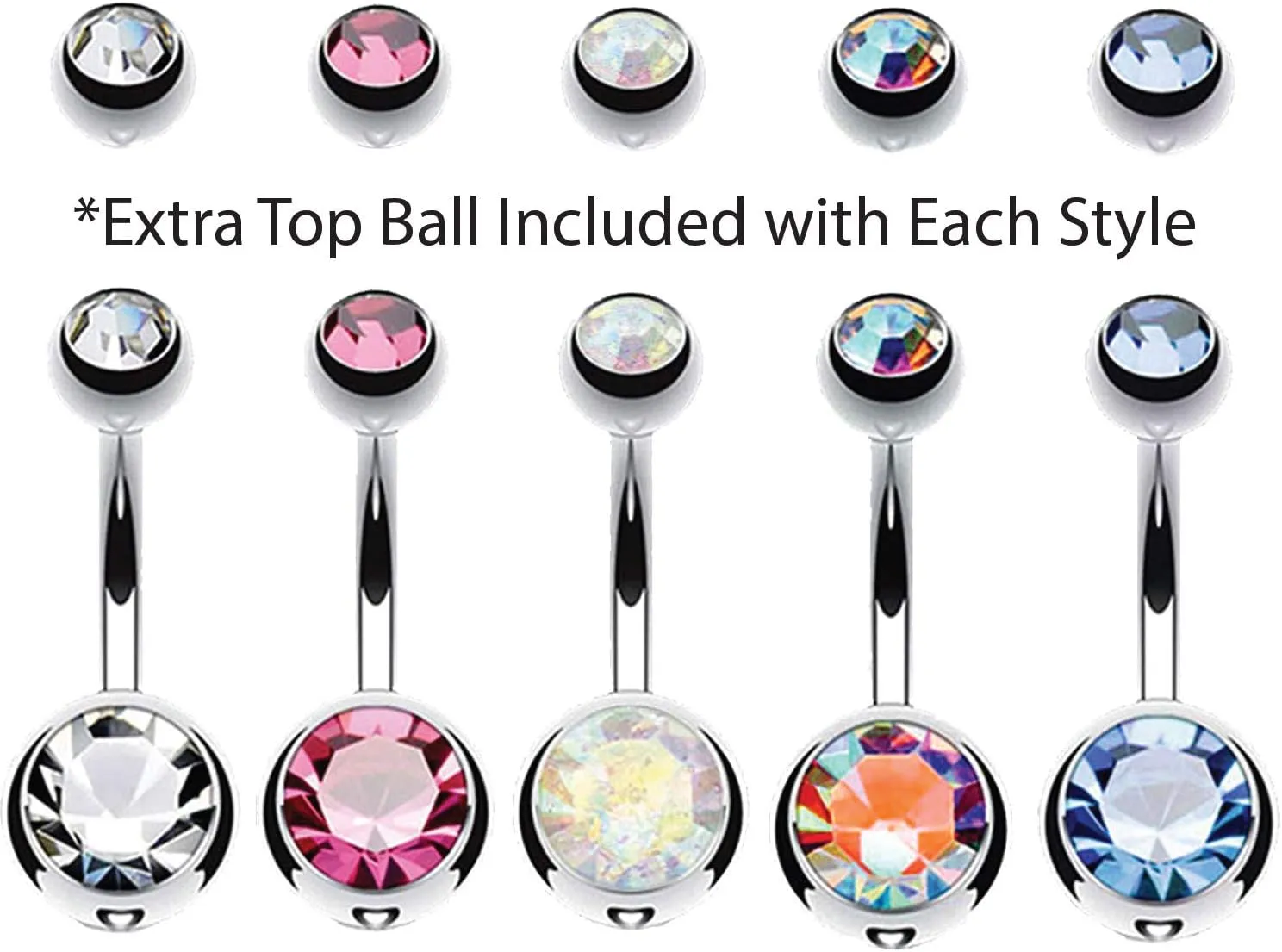 BodyJ4You 5PC Belly Button Rings Set - 14G - Multicolor Surgical Stainless Steel - Shiny CZ Crystals - Clear Pink Aqua Black - Replacement Extra Pack - Women Body Piercing Jewelry