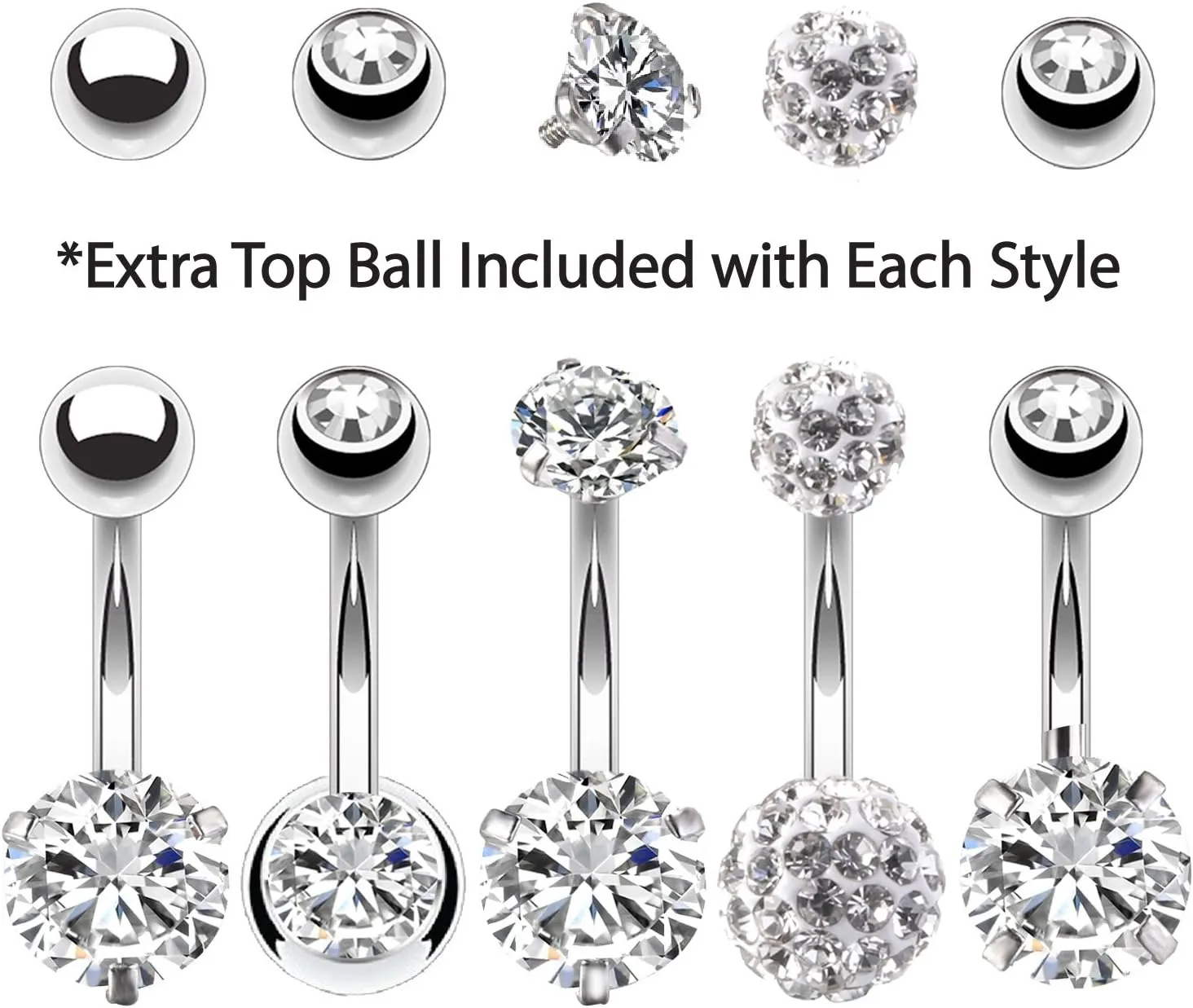BodyJ4You 5PC Belly Button Rings Set - 14G - Multicolor Surgical Stainless Steel - Shiny CZ Crystals - Clear Pink Aqua Black - Replacement Extra Pack - Women Body Piercing Jewelry