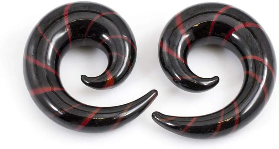 BodyJewelryOnline Pair of Black & Red Glass Tapers Stripe Spiral Design