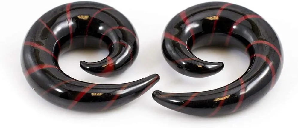 BodyJewelryOnline Pair of Black & Red Glass Tapers Stripe Spiral Design