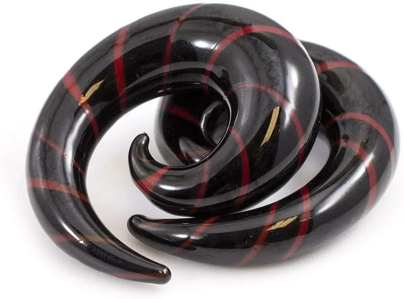 BodyJewelryOnline Pair of Black & Red Glass Tapers Stripe Spiral Design