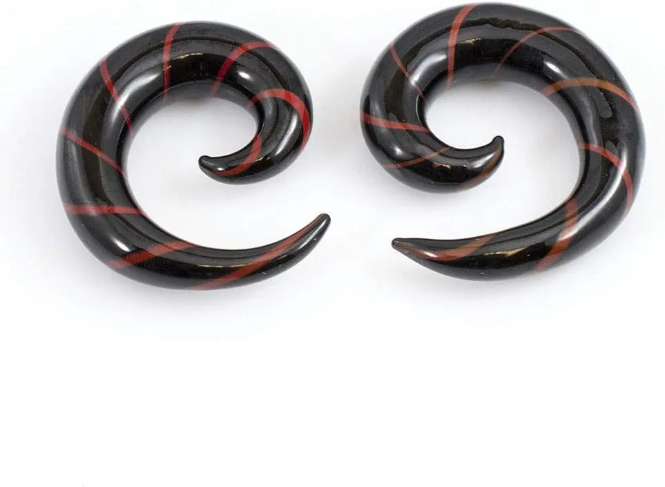 BodyJewelryOnline Pair of Black & Red Glass Tapers Stripe Spiral Design