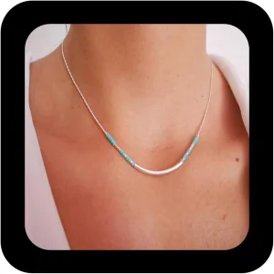 Bohemia Bar Turquoise Choker Necklace Tube Bar Necklace Turquoise Bead Chain Necklace Silver Bar Clavicle Necklace Jewelry for Women