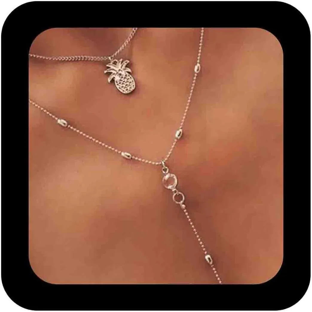 Bohemia Layered Pineapple Necklace Choker Long Cz Crystal Y Lariat Chain Necklace Gold Cz Beaded Y Shape Necklace Chain Summer Fruit Necklace Jewelry for Women