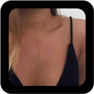 Bohemia Layered Y Necklace Chain Gold Satellite Lariat Choker Necklace Long Y Shape Necklace Long Y Drop Necklace Chain Jewelry for Women