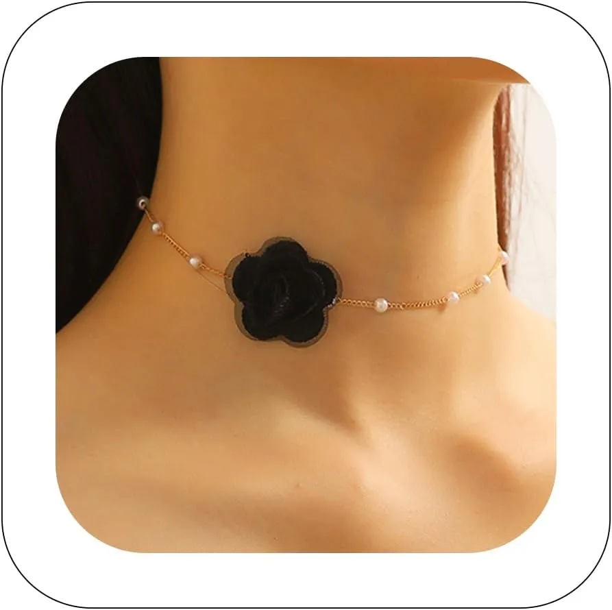 Bohemian Lace Flower Choker Necklace Short Delicate Pearl Rose Pendant Necklace Dainty Floral Collar Vintage Summer Beaded Chain Flower Pendant Bride Wedding Party Prom