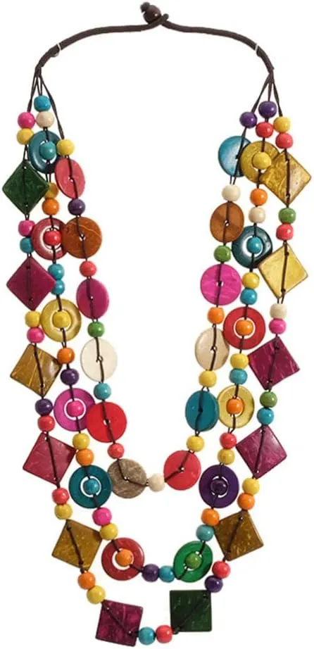Bohemian Shell Necklace Wood Bead Statement Collar Necklace Chunky Layered Necklace Handmade Beaded Long Necklace for Women