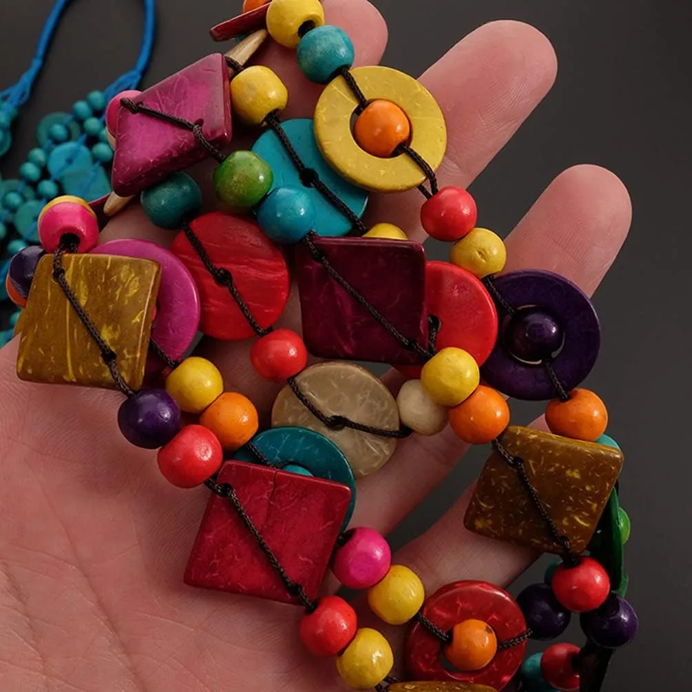 Bohemian Shell Necklace Wood Bead Statement Collar Necklace Chunky Layered Necklace Handmade Beaded Long Necklace for Women