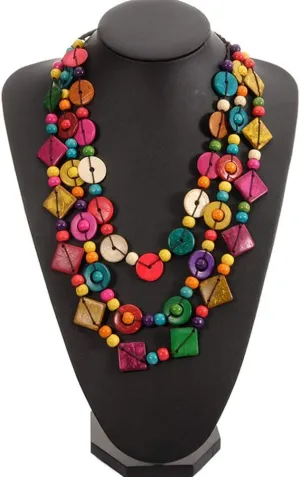 Bohemian Shell Necklace Wood Bead Statement Collar Necklace Chunky Layered Necklace Handmade Beaded Long Necklace for Women