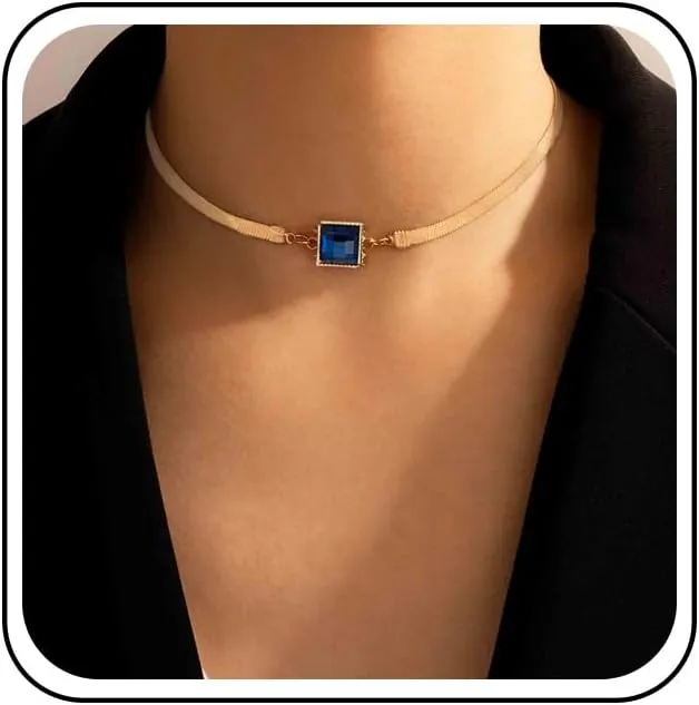 Boho Blue Sapphire Choker Necklace 18k Gold Herringbone Chain Vintage Blue Gem Square Collar Necklace Chain Jewelry for Women