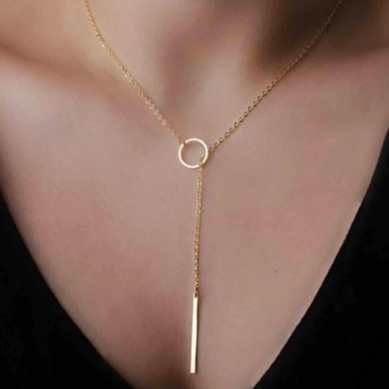 Boho Circle Lariat Necklace Choker Chain Gold Circle Y Necklace Choker Vertical Bar Pendant Necklace Long Y Necklace Chain Jewelry for Women