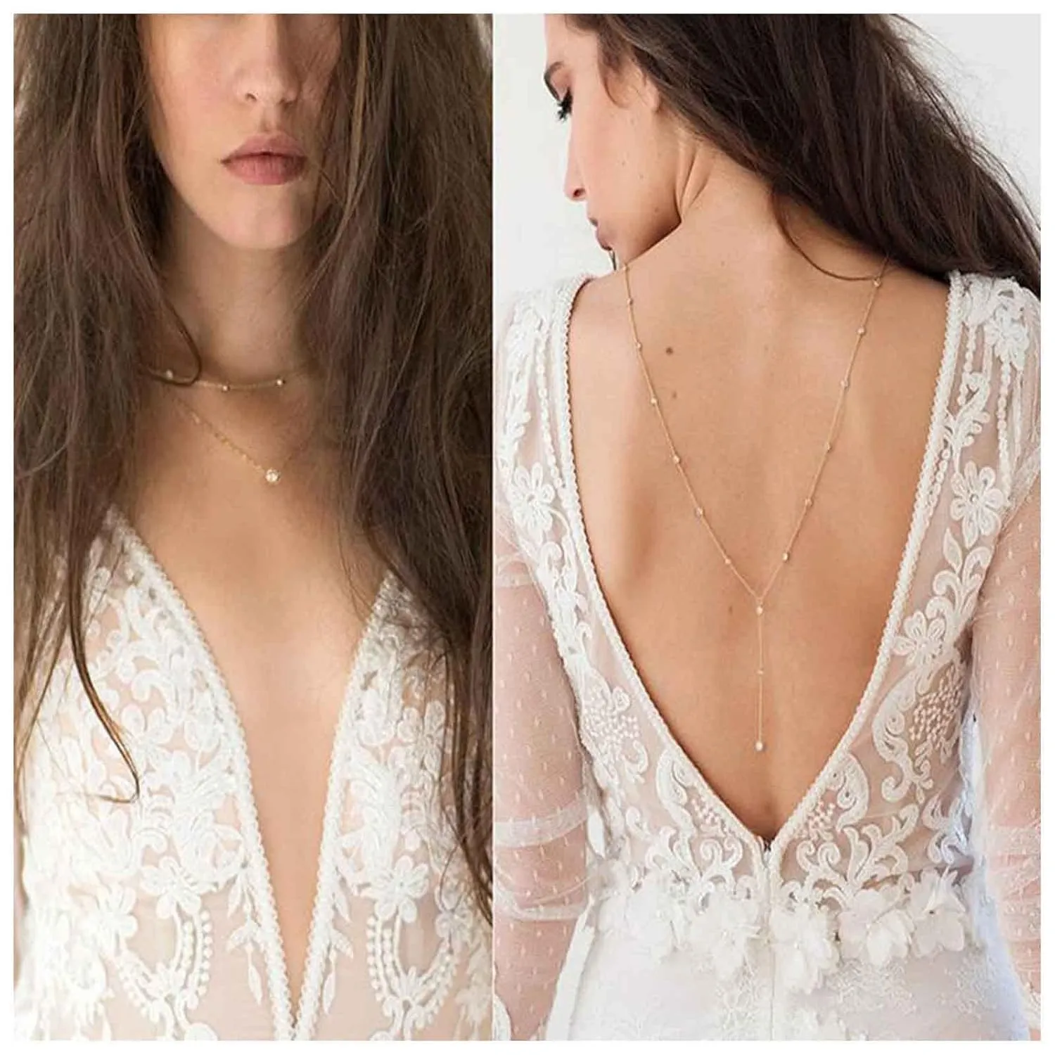 Boho Crystal Back Chain Necklace Rhinestone Backdrop Necklace Gold Cz Bridal Back Drop Chain Summer Beach Body Chain Body Jewelry for Women (Gold)