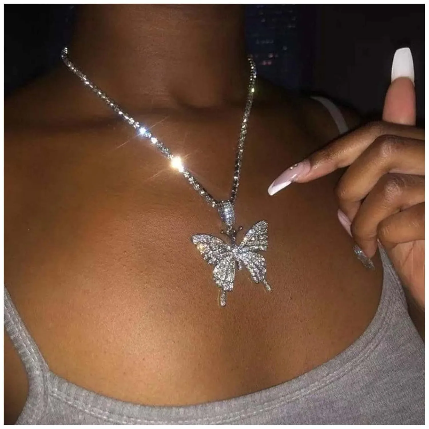 Boho Cz Crystal Butterfly Pendant Necklace Silver Tennis Chain Choker Necklace Cubic Tennis Butterfly Necklace Vintage Rhinestone Chain Necklace Jewelry for Women (Silver)