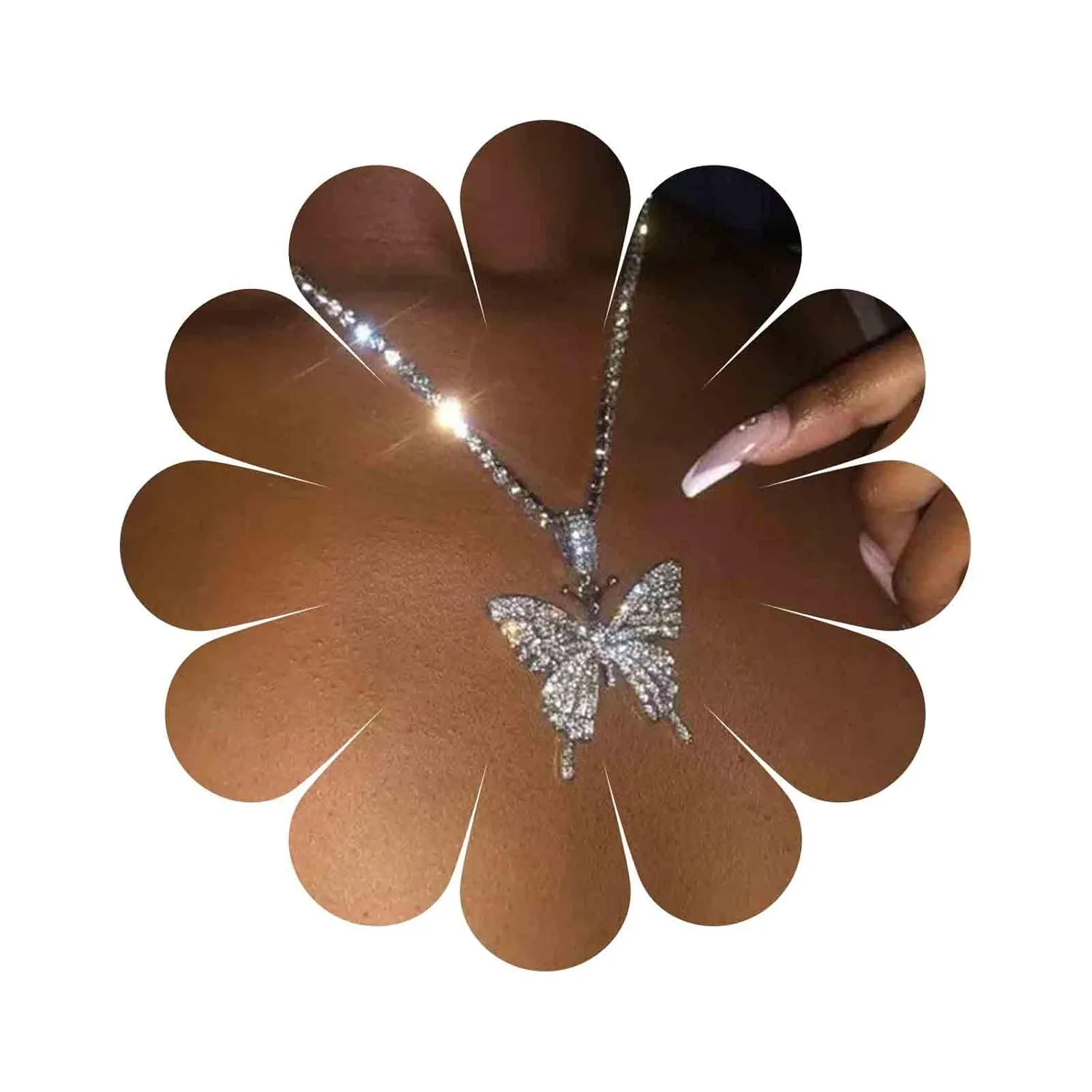 Boho Cz Crystal Butterfly Pendant Necklace Silver Tennis Chain Choker Necklace Cubic Tennis Butterfly Necklace Vintage Rhinestone Chain Necklace Jewelry for Women (Silver)