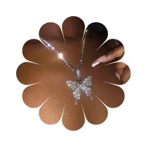Boho Cz Crystal Butterfly Pendant Necklace Silver Tennis Chain Choker Necklace Cubic Tennis Butterfly Necklace Vintage Rhinestone Chain Necklace Jewelry for Women (Silver)