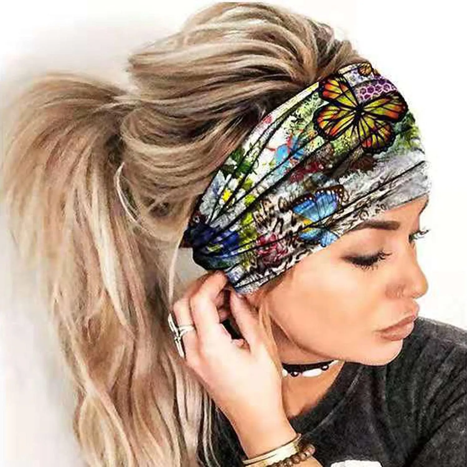 Boho Headbands For Women Fashion Stretchy Wide Hair Bands Yoga Workout Head Bands Hair Accessories 4 Pack (Blue, One Size)