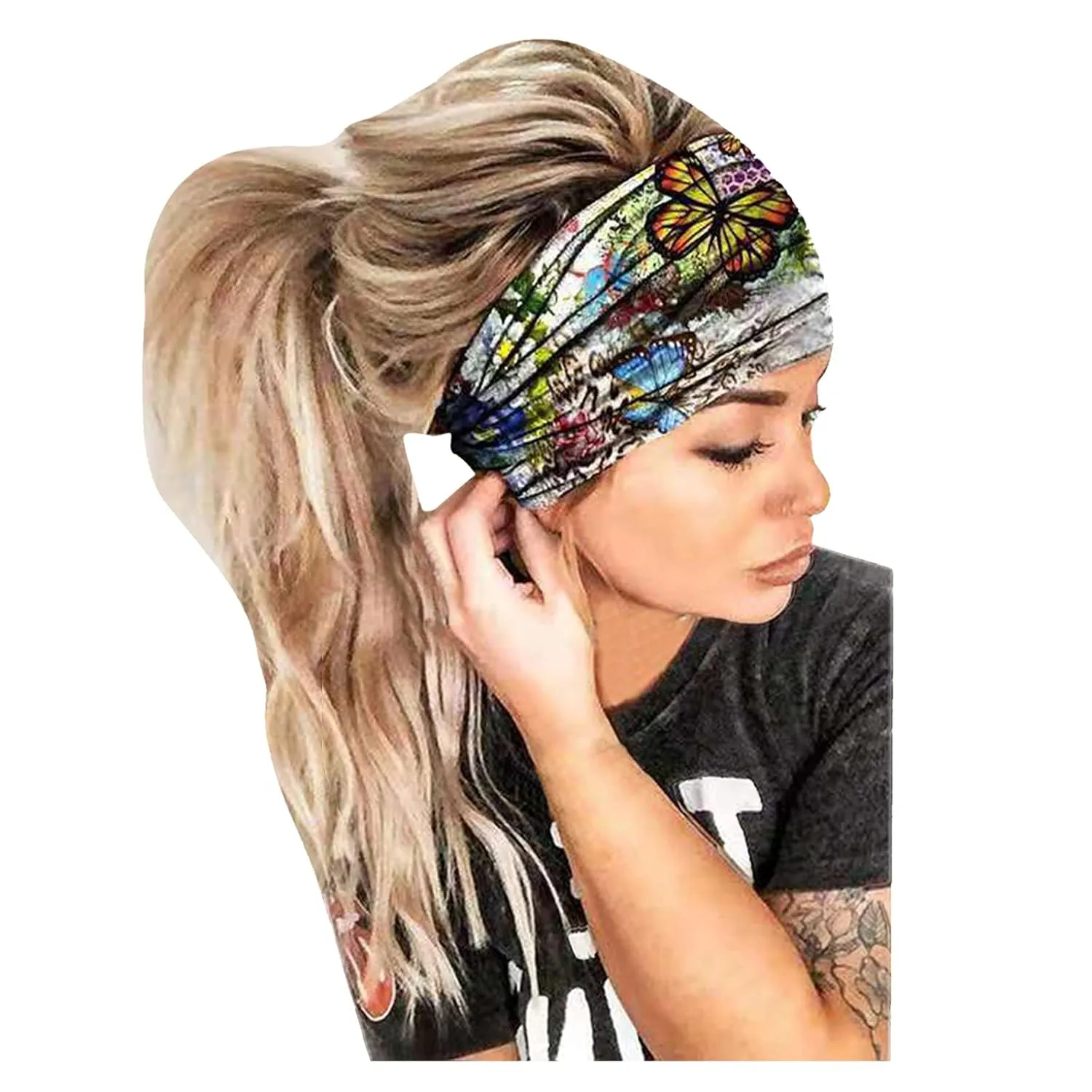 Boho Headbands For Women Fashion Stretchy Wide Hair Bands Yoga Workout Head Bands Hair Accessories 4 Pack (Blue, One Size)