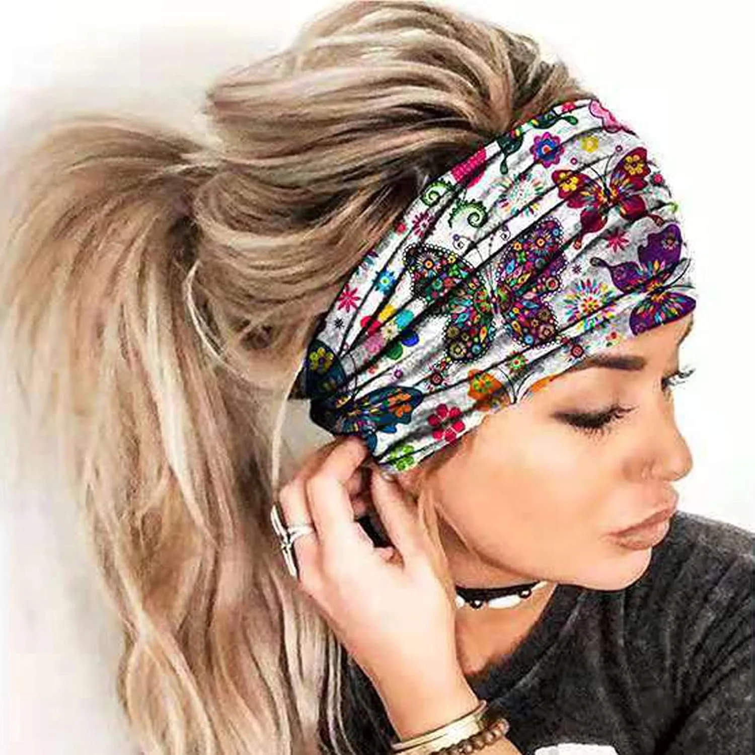 Boho Headbands For Women Fashion Stretchy Wide Hair Bands Yoga Workout Head Bands Hair Accessories 4 Pack (Purple, One Size)