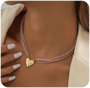 Boho Heart Pendant Necklace Multi layered Crystal Choker Necklace Pink Beaded Chain Necklace for Women