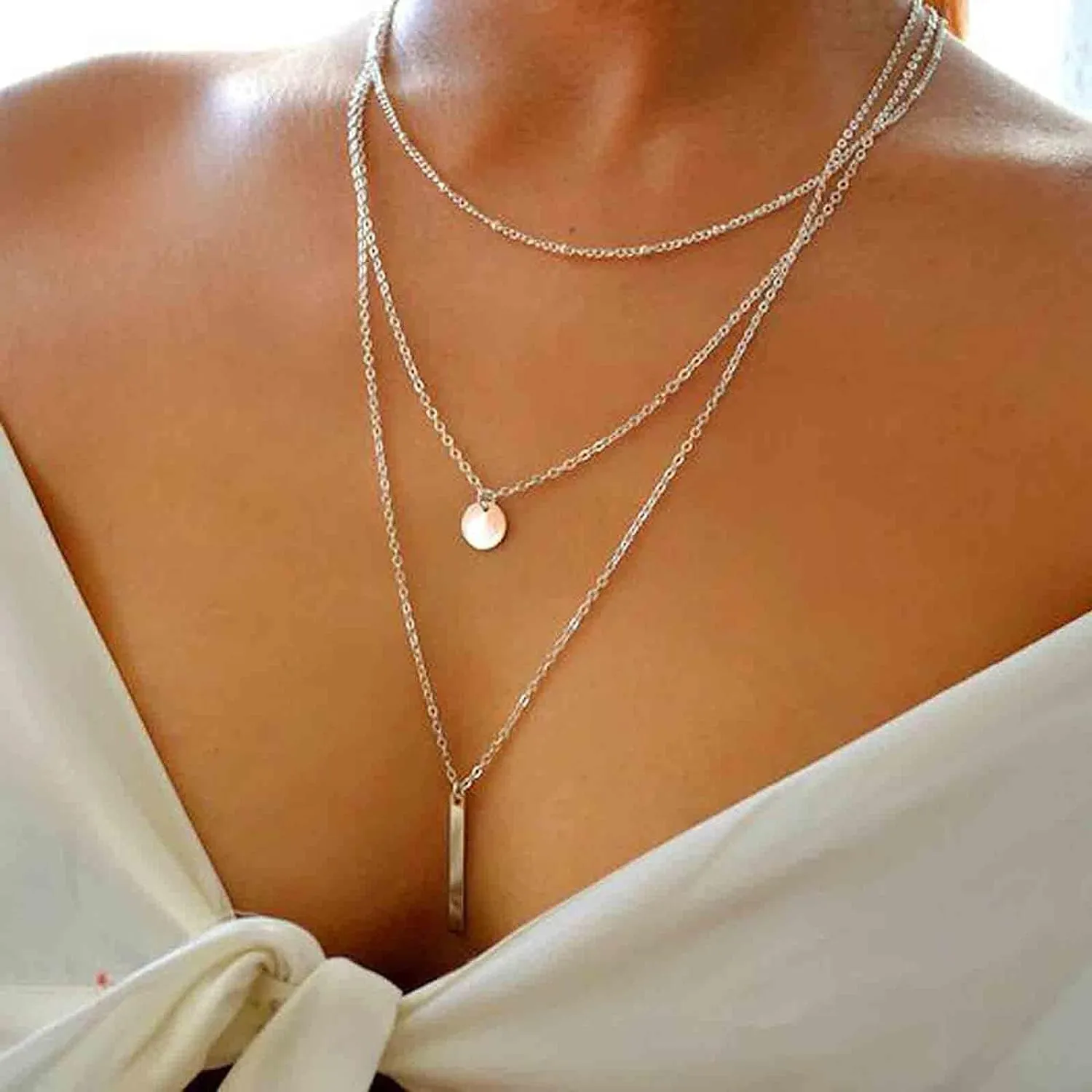 Boho Layered Bar Coin Necklace Sequins Choker Gold Round Disc Necklace Bar Pendant Multilayer Necklace Chain Wedding Jewelry Long Necklaces for Women and Girls for Gift