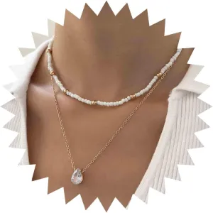 Boho Layered Beaded Choker Necklace Teardrop Crystal Necklace White Seed Bead Necklace Gold Cz Rhinestone Pendant Necklace Jewelry for Women