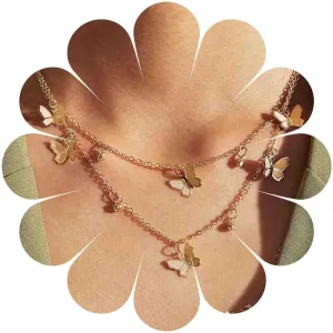 Boho Layered Butterfly Necklace Choker Gold Tiny Butterfly Dangle Necklace Flying Butterfly Choker Double Layer Necklace Chain Jewelry for Women