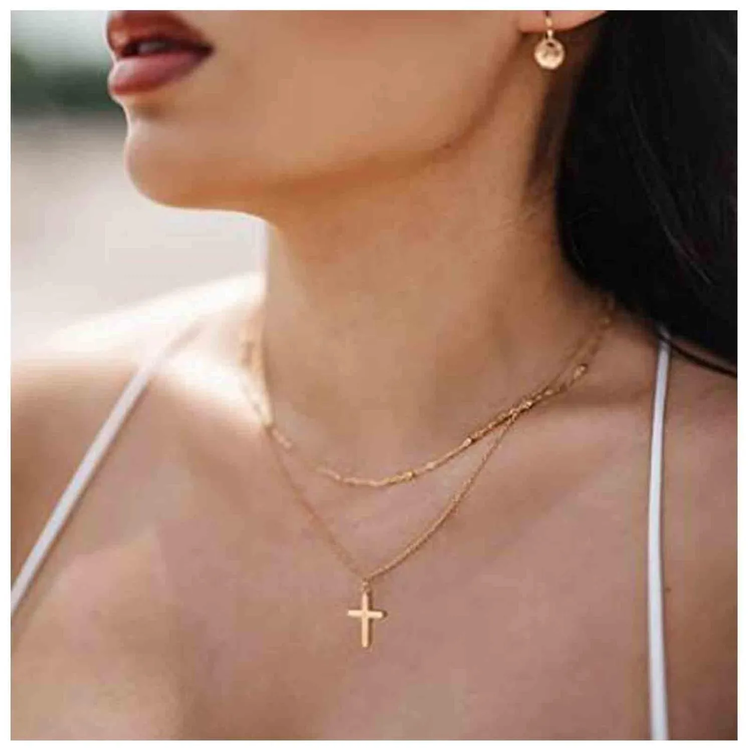 Boho Layered Cross Choker Necklace Gold Cross Pendant Necklace Ball Satellite Chain Necklace Vintage Double Layer Necklace Chain Jewelry for Women Gift (Gold)