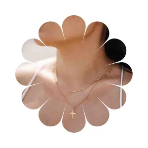 Boho Layered Cross Choker Necklace Gold Cross Pendant Necklace Ball Satellite Chain Necklace Vintage Double Layer Necklace Chain Jewelry for Women Gift (Gold)